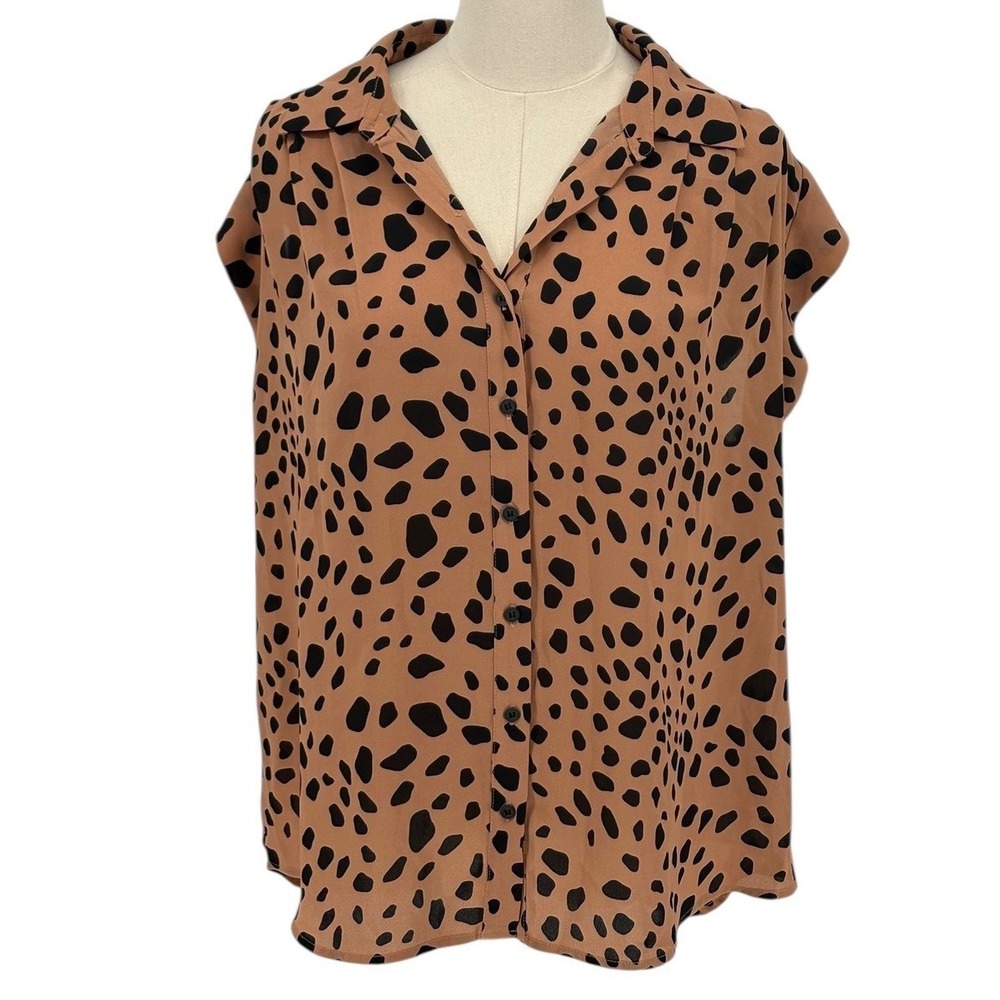 PLEIONE Leopard Print Button Up Collared Short Sleeve Blouse Women Size L